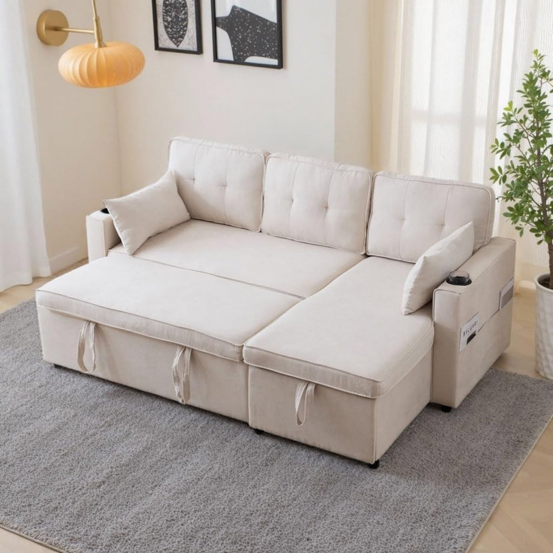 Divano da soggiorno beige con braccioli